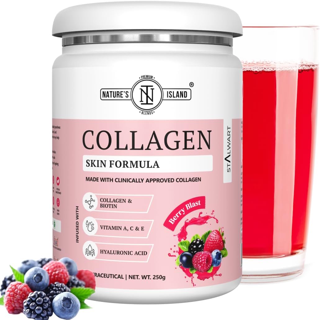 Nature's Island Skin Glow Collagen Powder (Berry, 250g), Marine Collagen Supplements for Women & Men With Biotin, Vitamin A, C,E, Hyaluronic Acid, for Glowing Skin,Anti Ageing, Firmness, Elasticity,