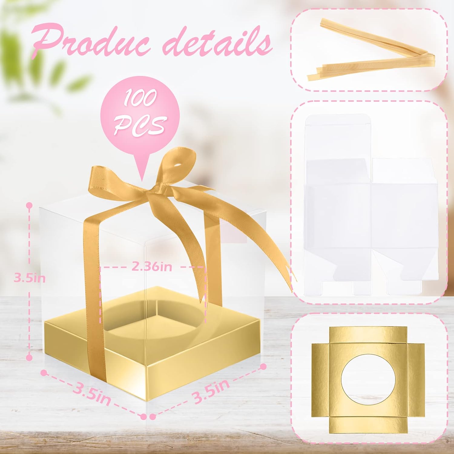 gerrii 100 pcs clear plastic individual cupcake boxes 3.5" single cupcake containers transparent ornament gift box with inserts and ribbon for wedding baby shower party favor(gold)