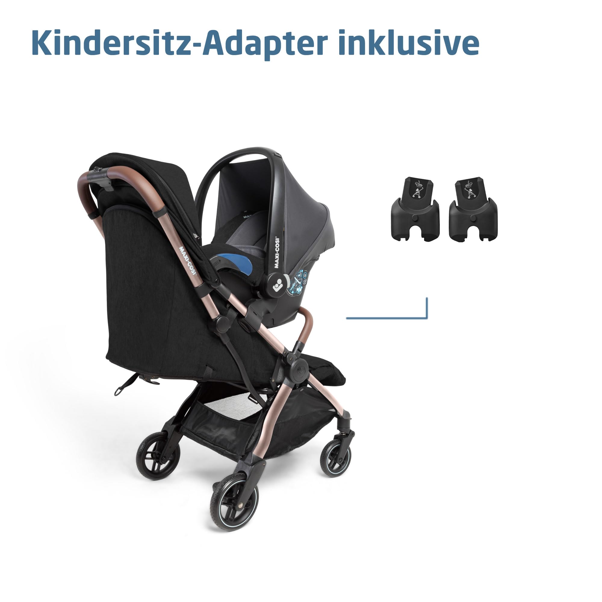 Maxi-Cosi Eva3 Kinderwagen 0–4 Jahre 0–22 kg Leicht Kompakt Flache Liegeposition 3 Liegepositionen Automatisch mit 1 Hand klappbar Essential Black Champagne