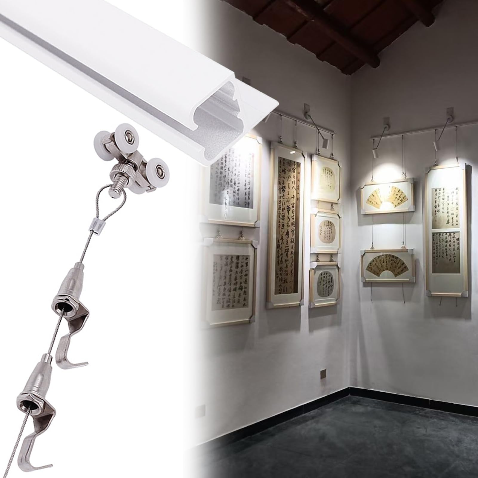 Cimaise pour Tableau Cadre D'affichage avec 2 Chaînes et 4 Crochets, Système D'accrochage Mural pour Photos, Kit de Rails en Aluminium pour Cadres Photo(1m/3.3' Wire,45"/115cm Track)
