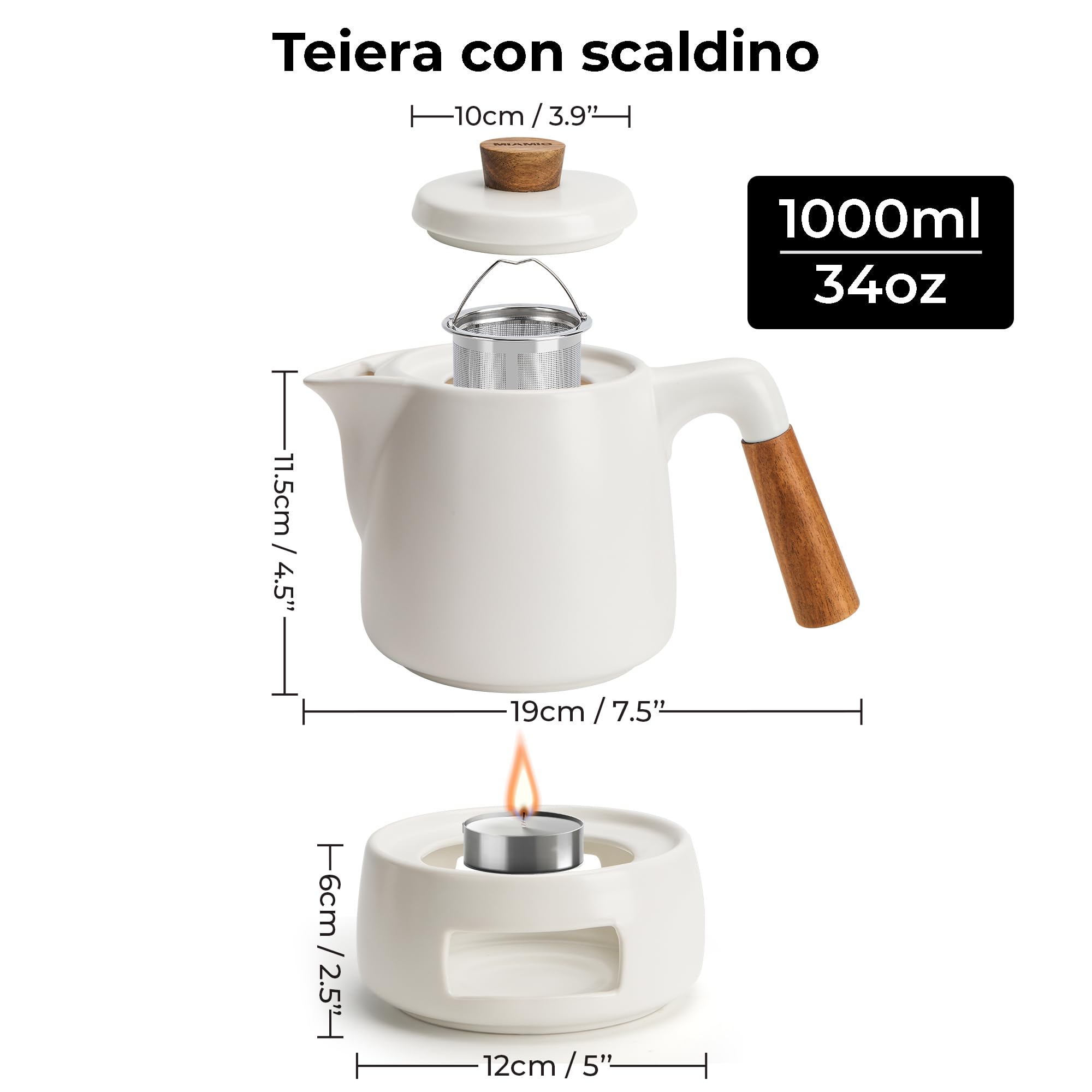MIAMIO - Set di teiere con scaldavivande/Bollitore da 1L / 1000 ml con infusore per la macerazione di foglie di tè sfuso - Regalo per donne/amanti del tè (bianco)