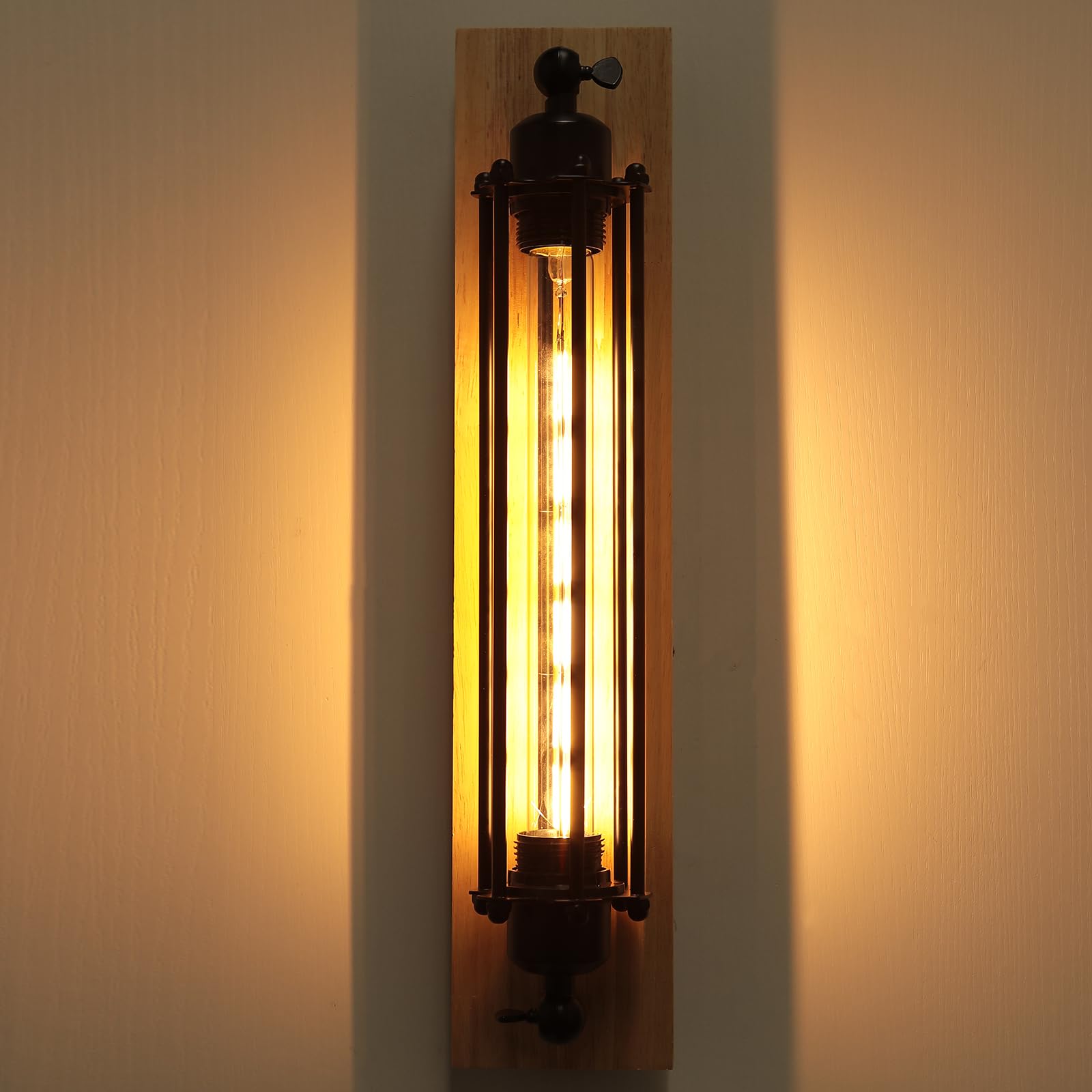 2 Stück Wandleuchte Innen Industrielle Wandleuchten Schwarz E27 Vintage Wandlampe 37cm aus Metall und Holz Wandlicht Design für Schlafzimmer Wohnzimmer Treppen Esszimmer