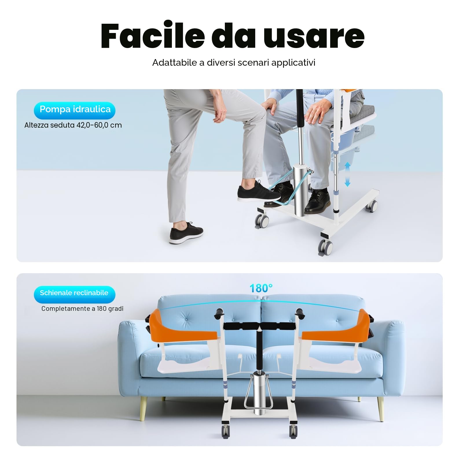 Sedia di trasferimento idraulica per pazienti - Regolabile in altezza con piano del tavolo - Rulette bloccabili e sedile diviso a 180° - Sedia da doccia per anziani e disabili