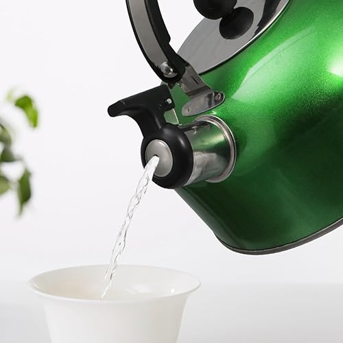 Miniatura 6 de Cabilock Hervidor de té silbante de acero inoxidable de 2 litros para estufa, hervidor verde con mango ergonómico, silbato fuerte, compatible con
