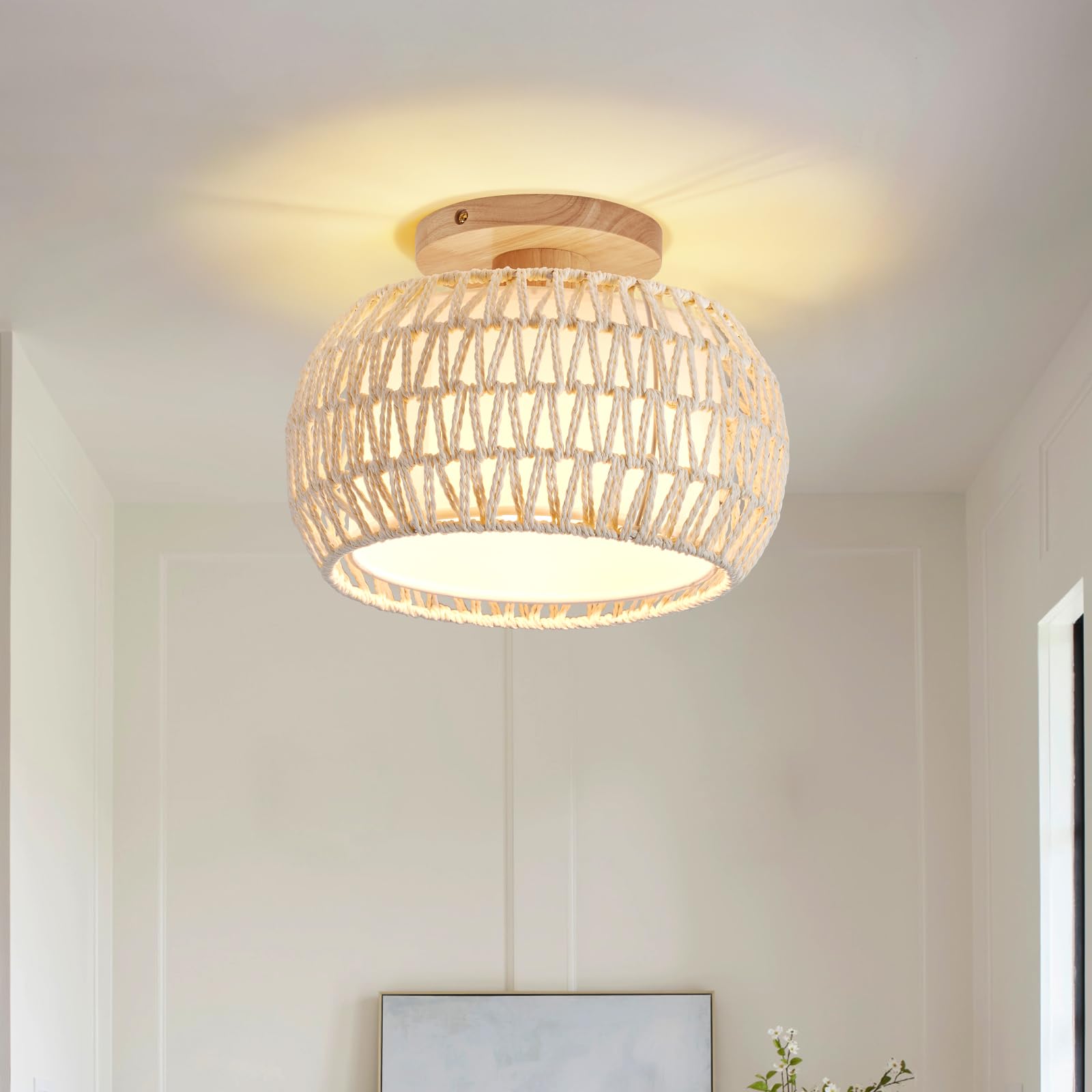 boho rattan ceiling light fixture - 3 style options wicker semi flush mount ceiling lights,beige coastal light fixtures,bohemian woven basket chandelier for hallway bedroom nursery kitchen laundry