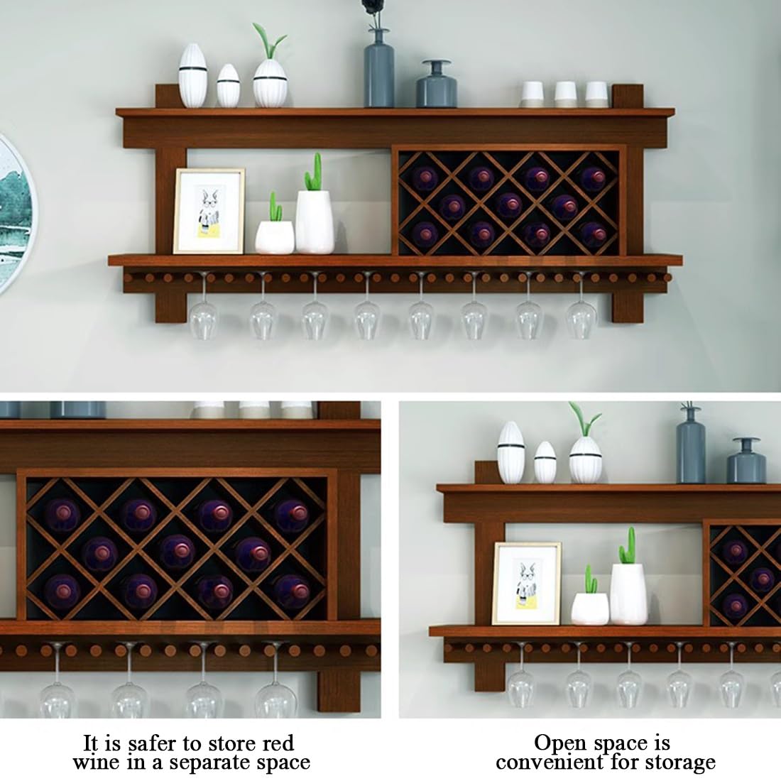Portabottiglie vino parete Mensola cantinetta vino legno con ripiani portaoggetti e portabicchieri, angolo bar espositore galleggiante multifunzionale, moderno supporto a forma di diamante(White,140CM