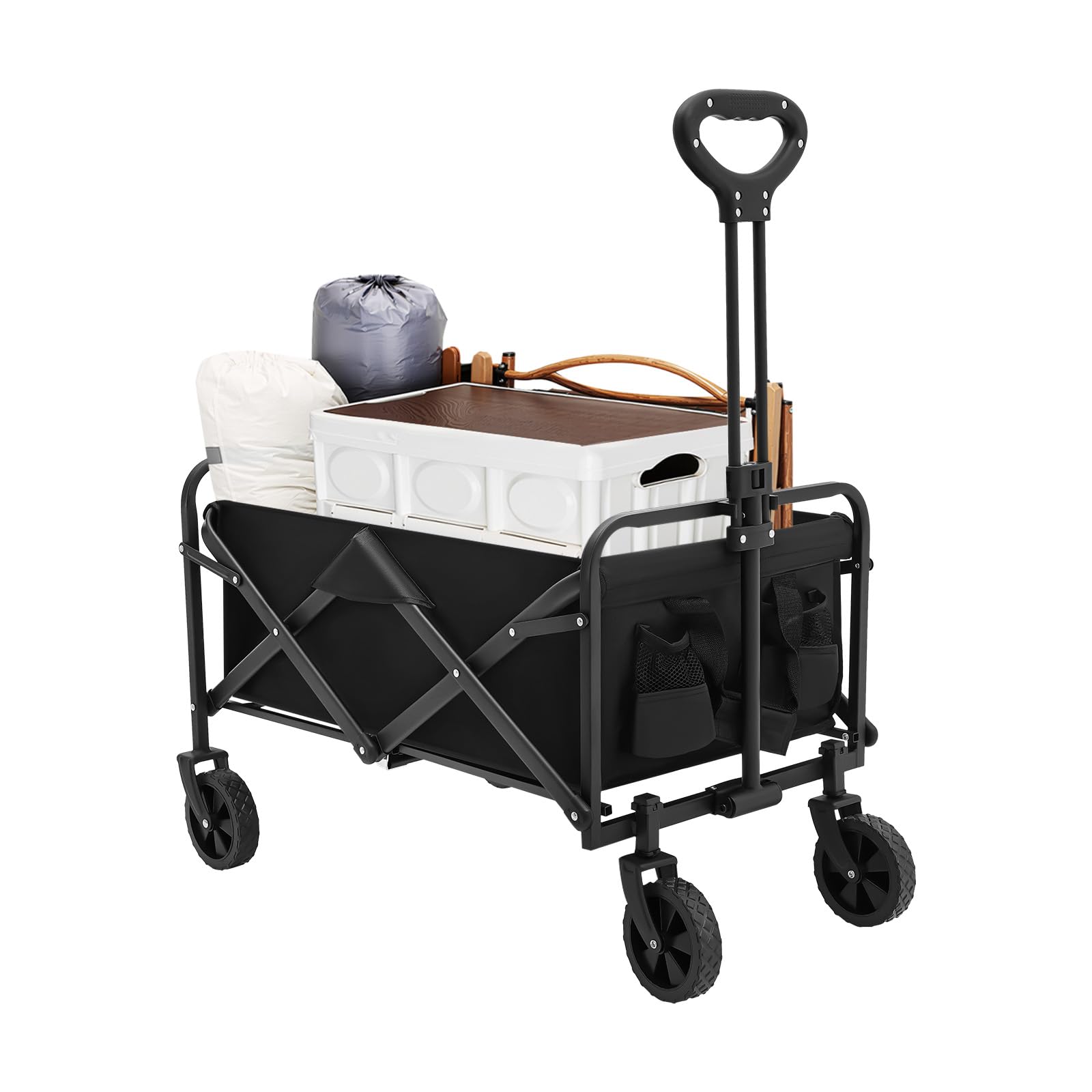 Carrello pieghevole con portabicchieri e maniglia regolabile, carrello pieghevole come carrello da trasporto e carrello da spiaggia per esterni, campeggio, shopping, giardino, portata 80 kg, nero