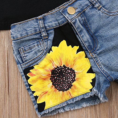 Honganda Fashion 2Pcs Toddler Kids Baby Girl Sunflower Outfits Sleeveless Tank Top+Denim Shorts Summer Clothes (Black, 2-3T)