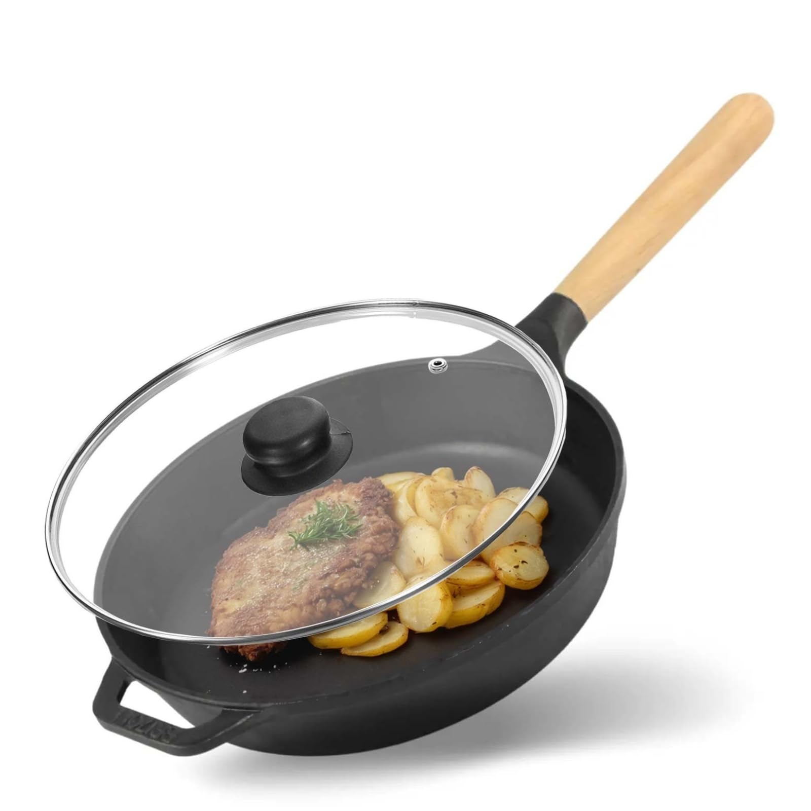 BRIZOLL Gusseisen Pfanne Ø28 cm mit Glasdeckel – Bratpfanne, Steakpfanne, Servierpfanne, Eisenpfanne, Gußeisenpfanne Griff abschraubbar – alle Herdarten: Induktion, Gas, Elektro, Ofen, Grill, Camping