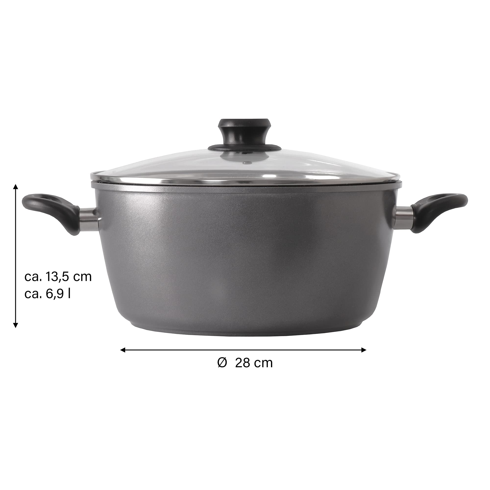 STONELINE XXL Aluguss Kochtopf 28 cm, Großer Topf mit Deckel 7 L, Antihaft beschichtet mit echten Steinpartikeln, Kochtopf Induktion 28 cm, für alle Herdarten, Backofen, Kochen ohne Fett oder Öl, Grau