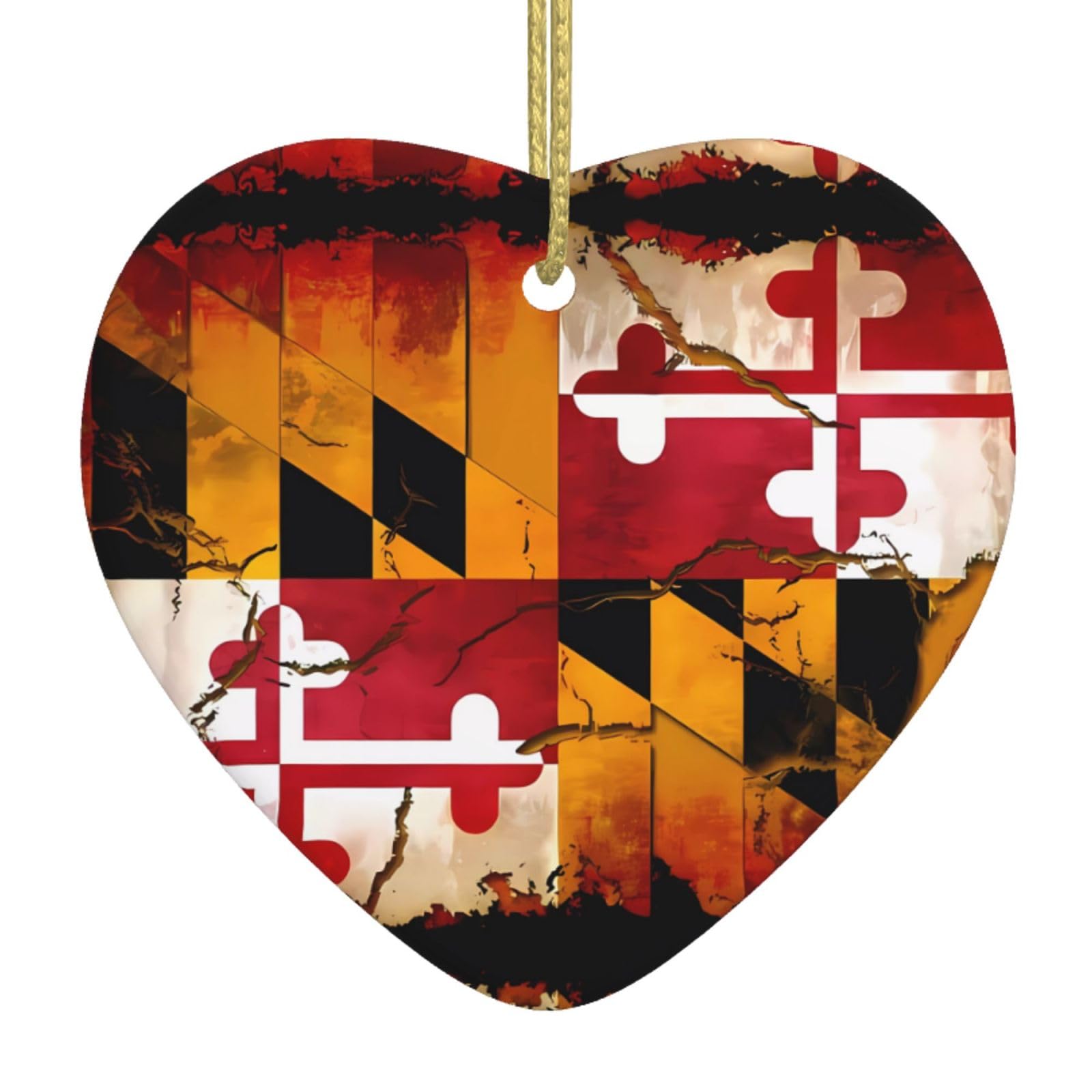 Vintage Wooden Maryland Flag Ceramic Christmas Heart Pendant with Silk Thread, Christmas Tree Home Decoration