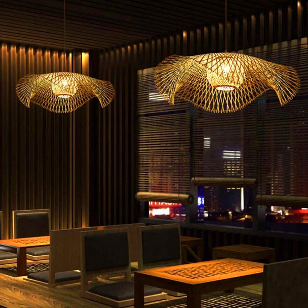 Plafonnier en Bambou Suspension Rétro E27 Lustre Rotin Naturel Éclairage Campagne Lampe Tissé à la Main pour Chambre Restaurant Salon Café Décoration Économie D'énergie,B,100cm