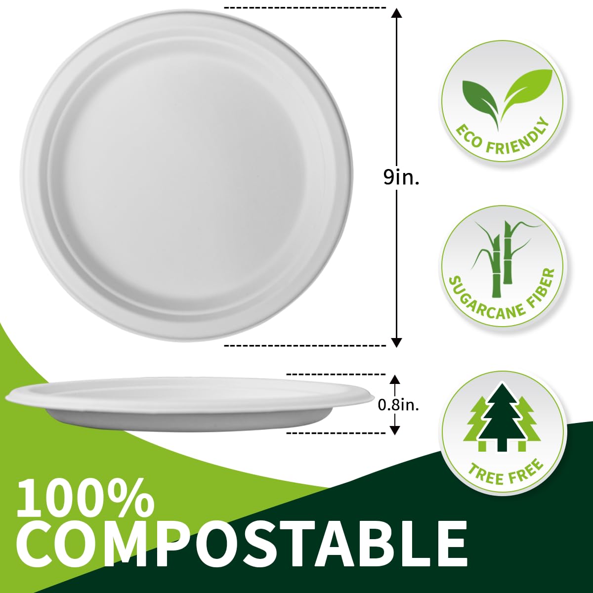 Lxins ECO 150 Pieces 100% Compostable Paper Plates (White 9