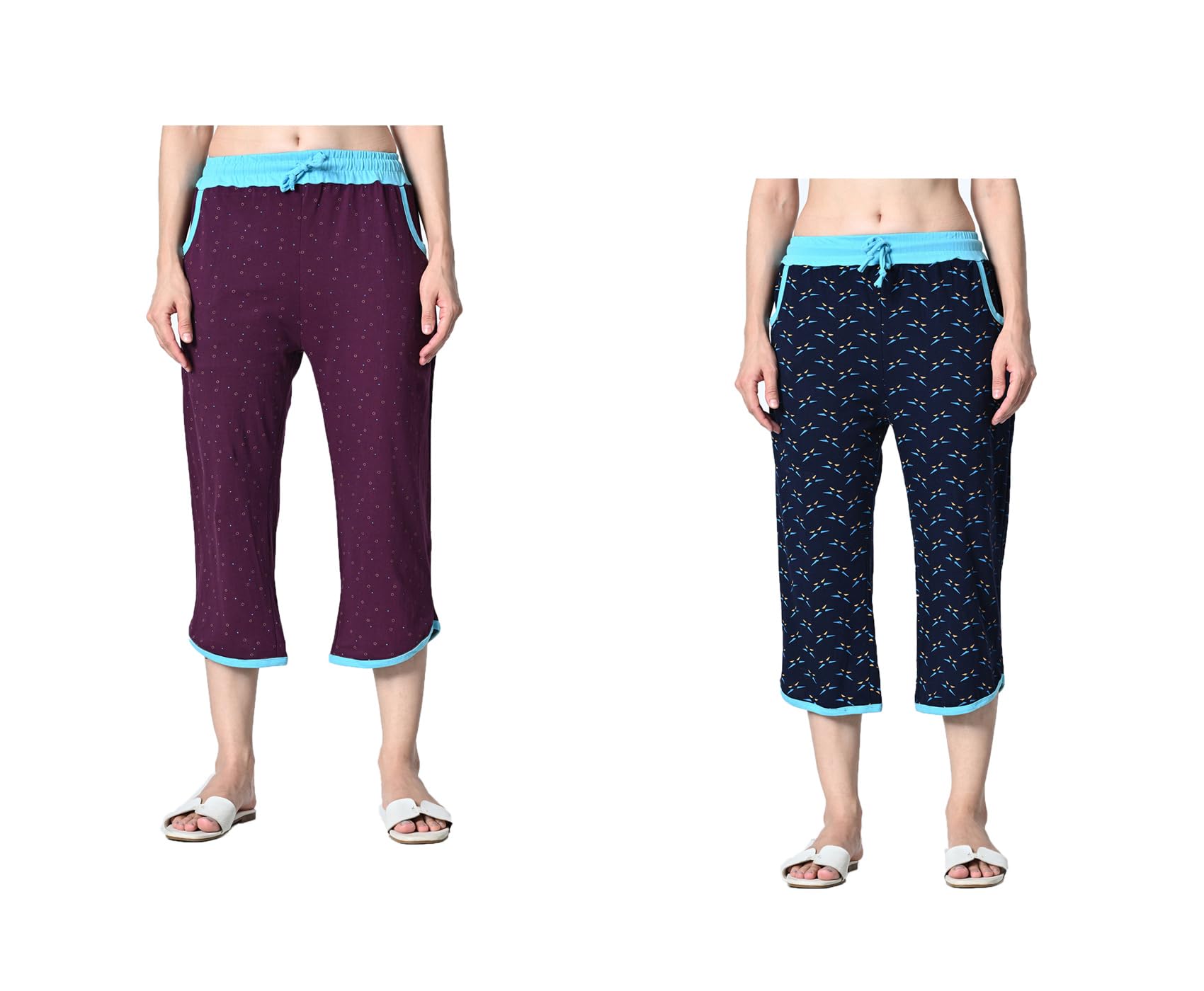 kayu Pack of 2 Women’s Cotton Printed Nightwear Capri with Both Side Pockets, Elastic Waist & Drawstring Nada, Soft Comfortable Sleepwear Capri Multicolor-picture-23