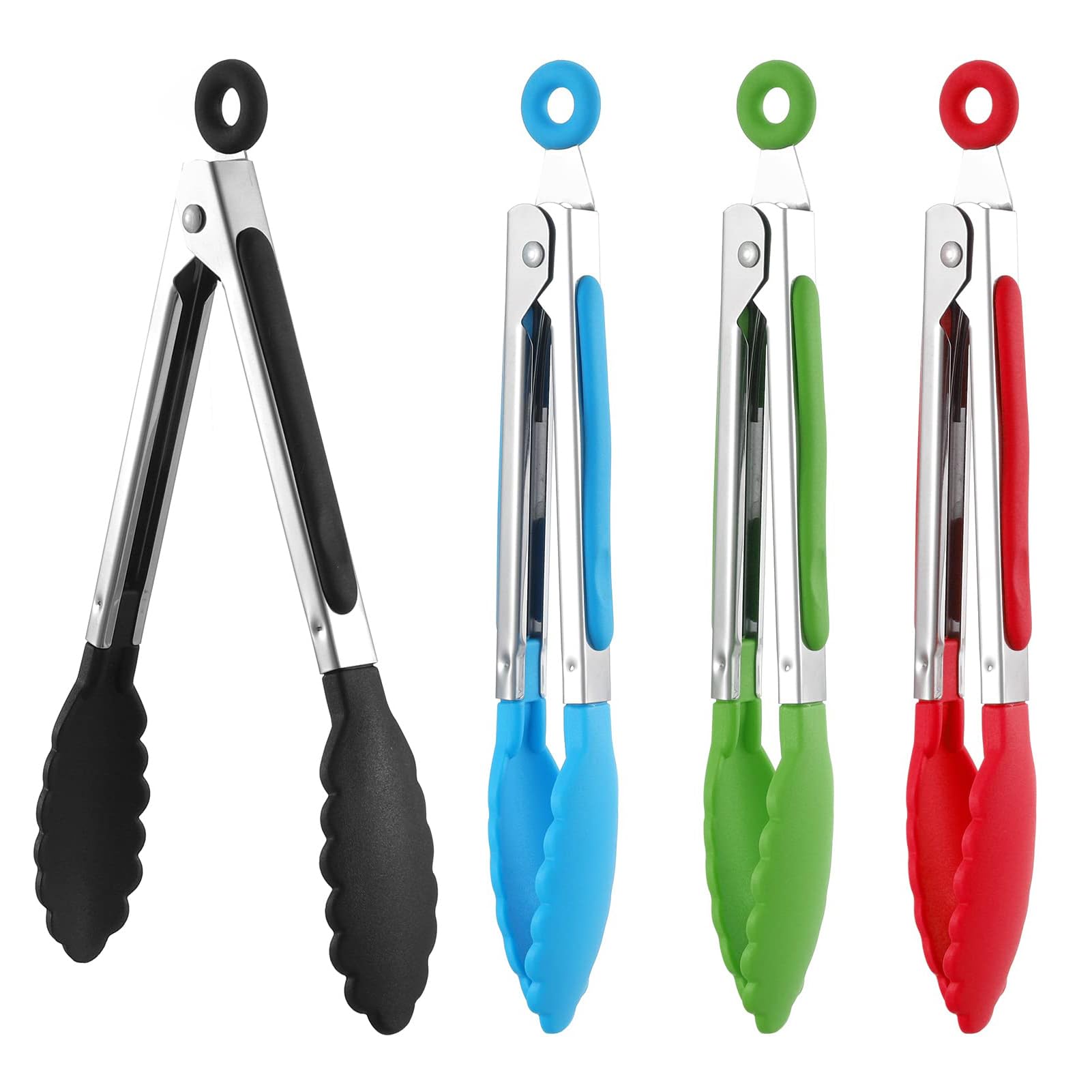 Kitchen Tongs,4 PCS Food Tong with Nylon Tips Black Stainless Steel Cooking Tongs BBQ Tongs for Meat Salad and Serving Tongs