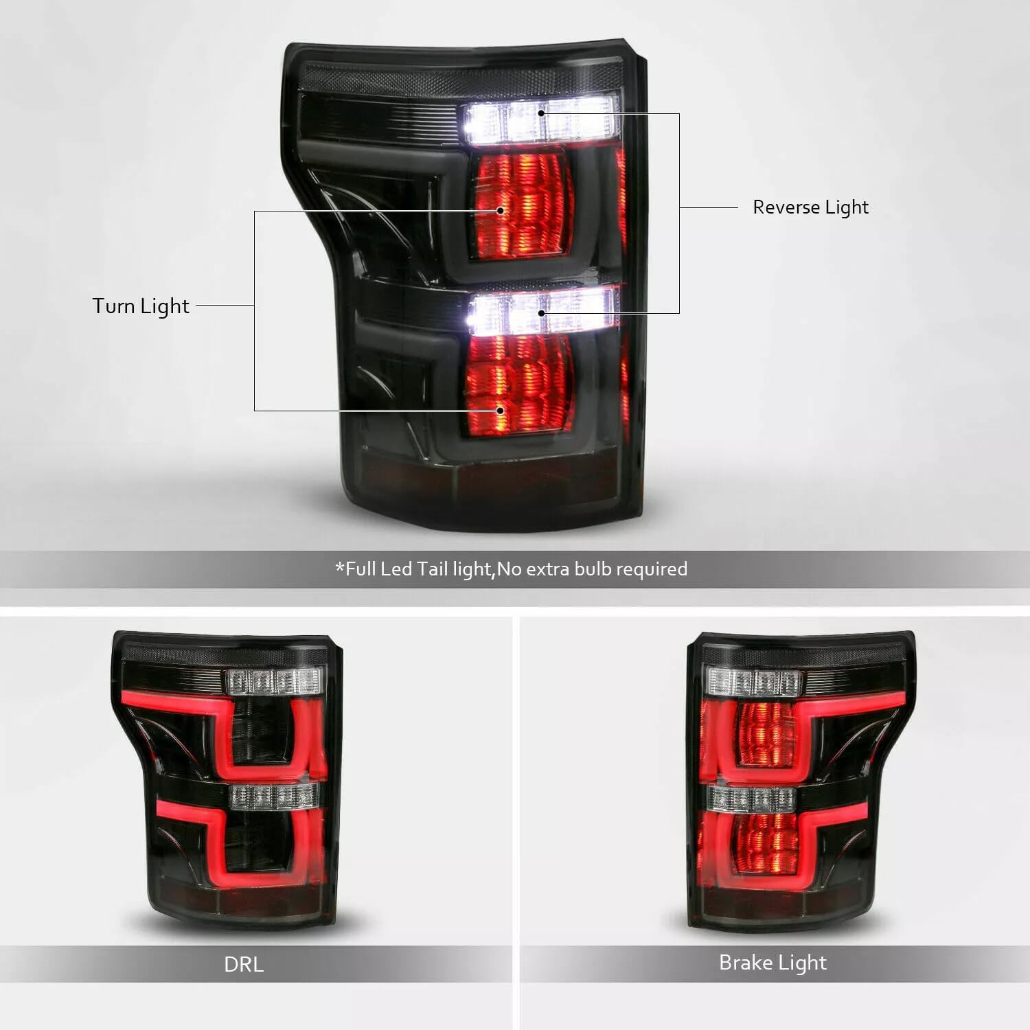 FIT for 2015-2020 Ford F150 F-150 Tail Lights LED Tube Smoke Rear Lamps, Pair Driver+Passenger, w/o Blind Spot Sensor