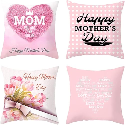 Juego de 4 fundas de almohada para el Día de la Madre de 18 x 18 pulgadas, regalo para el Día de la Madre, diseño de corazón de flores, fundas de