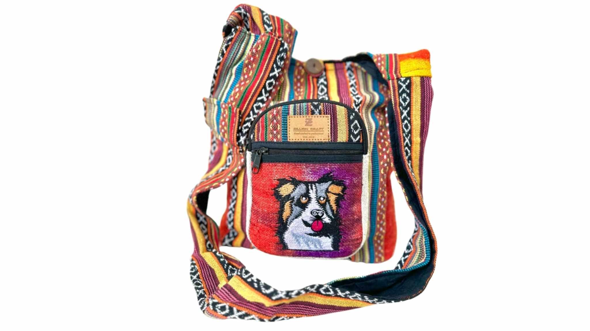 Zillion Craft Crossbody messenger bag. Eco friendly natural hemp fabric with wide strap shoulder bag. Unique colorful Hobo bag for men and women., Multi