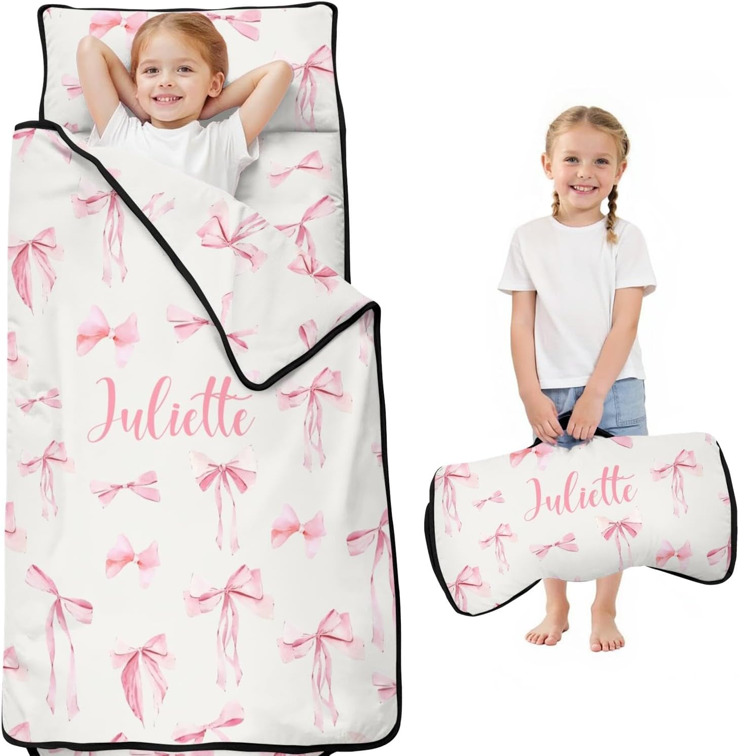 Personalized Toddler Nap Mat with Name – Custom Pink Bow Sleeping Bag with Pillow & Blanket for Girls – Ideal Slumber Bags for Daycare, Preschool & Kindergarten