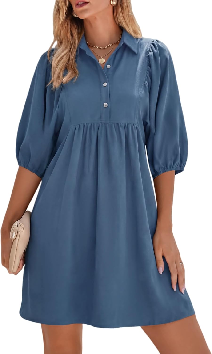 FENSACE Womens Casual Shirt Dress Puff Sleeve Button Down Shift Collared Neck Dresses with Pockets