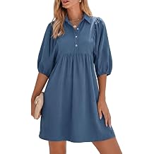 FENSACE Womens Casual Shirt Dress Puff Sleeve Button Down Shift Collared Neck Dresses with Pockets
