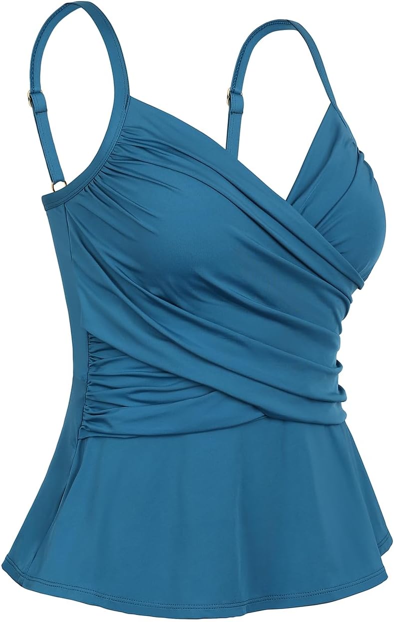 Cindy's aunt Women's Tummy Control Tankini Tops V Neck Swimsuits Ruched Wrap Push Up Bathing Suit Top Only