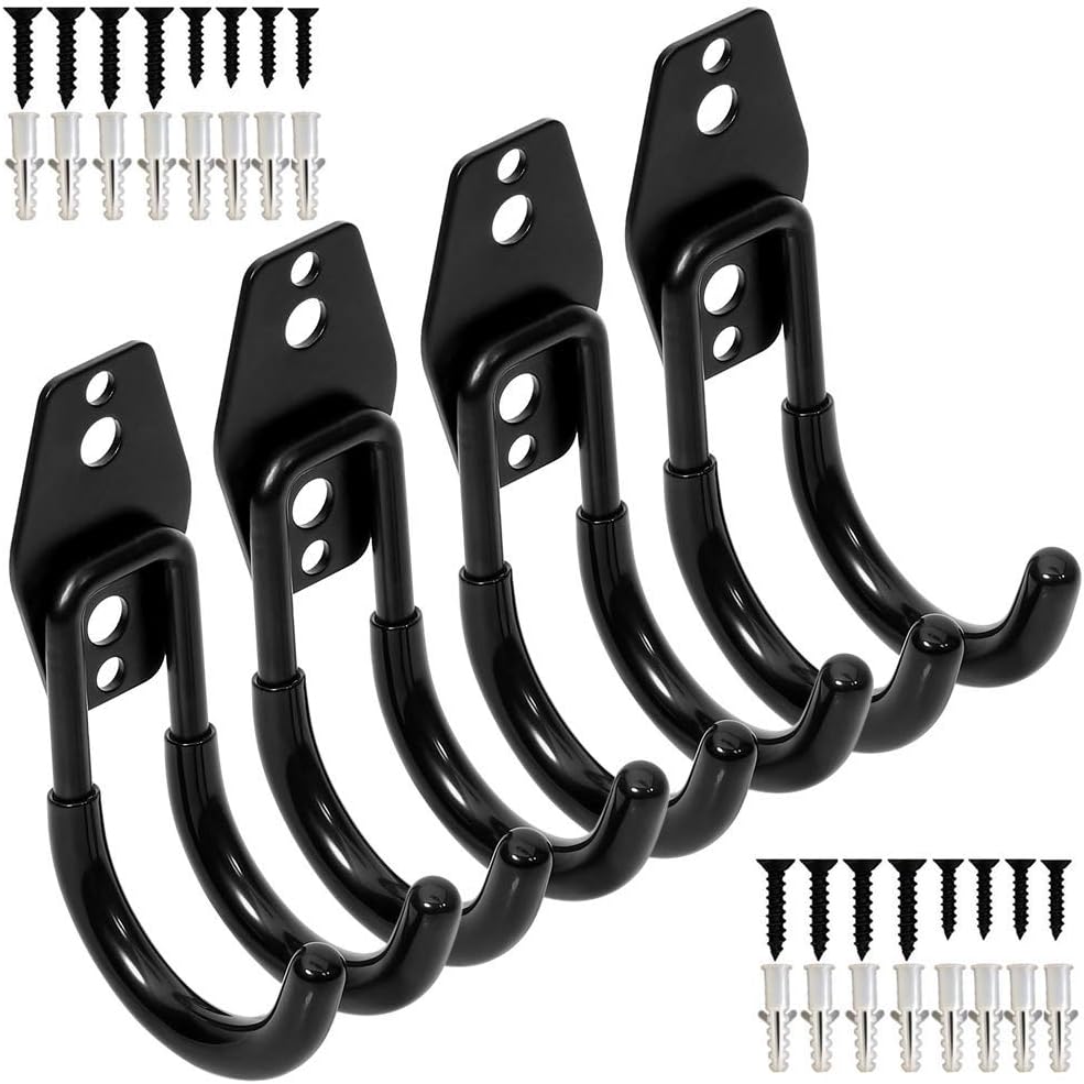 YisunnanWall Mount Double Hook,Heavy Duty Steel Garage Storage Utility Hooks with Anti-Slip Coating,Load Capacity 66 LB (4 Pack Black 2.8" Round J Hook)