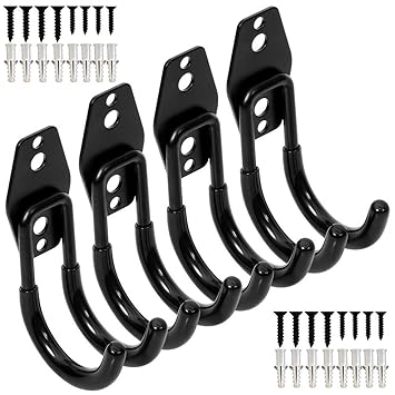 Wall Mount Double Hook,Heavy Duty Steel Garage Storage Utility Hooks with Anti-Slip Coating,Load Capacity 66 LB (4 Pack Black 2.8