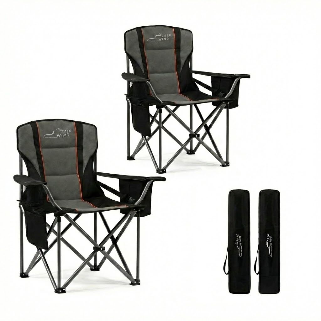 - FAIR WIND 2 Pack Heavy Duty Camping Chair, Oversized Padded Folding Chair for Big and Tall (450lbs), Extra Wide Seat with Integrated Cooler & Storage Pocket, Adjustable Lumbar Support for Outdoor