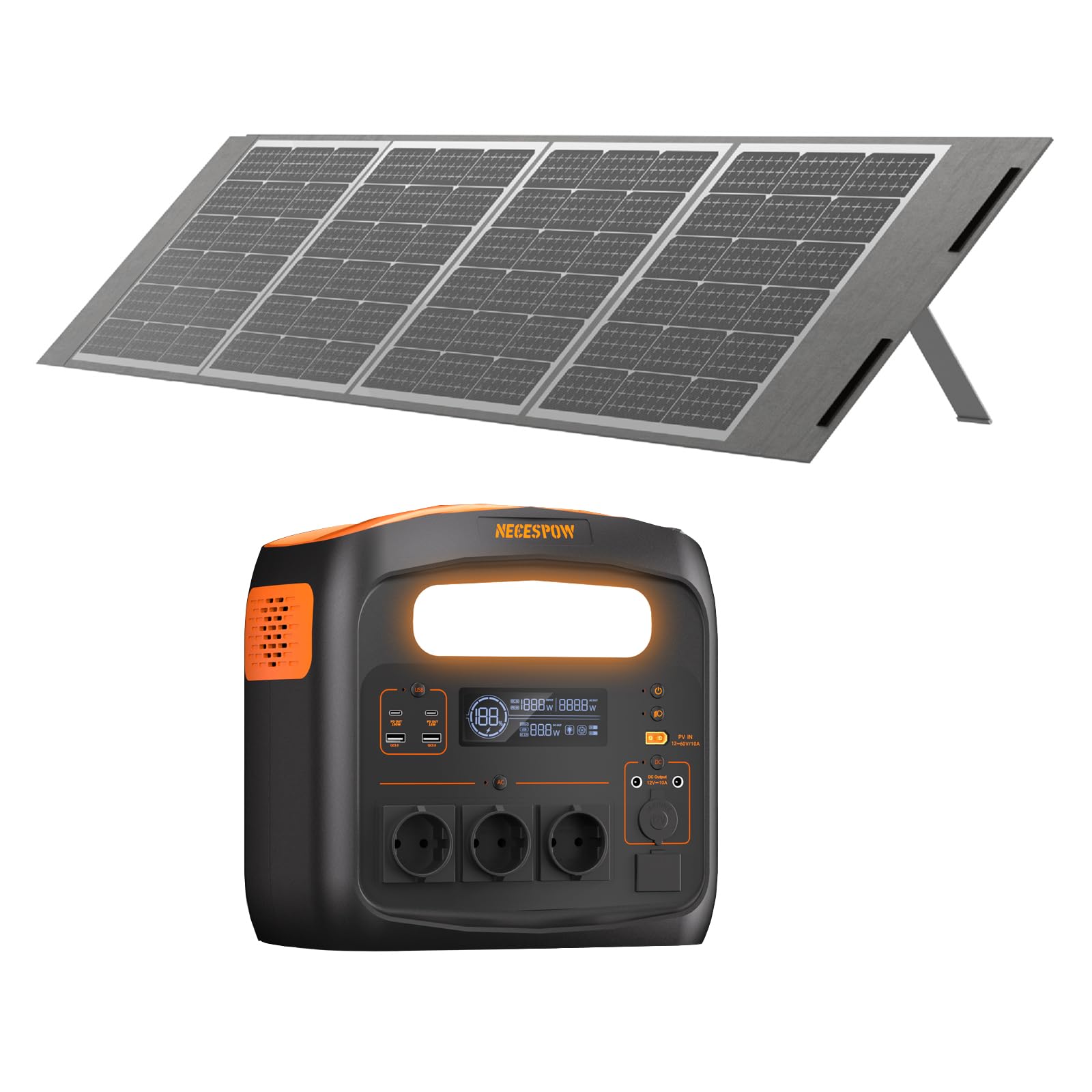 Station d'alimentation portable avec panneau solaire de 200 W, 1800 W, batterie LiMnFePO4 1102,5 Wh, USB-C-100 W, sortie CC, générateur solaire pour camping, extérieur