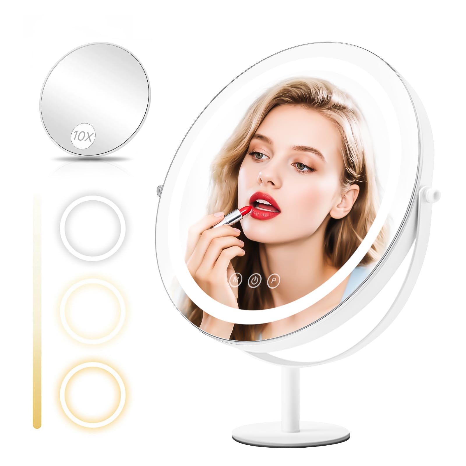 Photo 1 of ***FACTORY SEALED***Kcavvi Makeup Mirror with Lights, Lighted Makeup Mirror with Magnification, 1x/10x, Large Round Vanity Mirror with Stand, 3 Color Modes, Brightness Adjustable, Smart Touch Control, 13 Inches Diameter