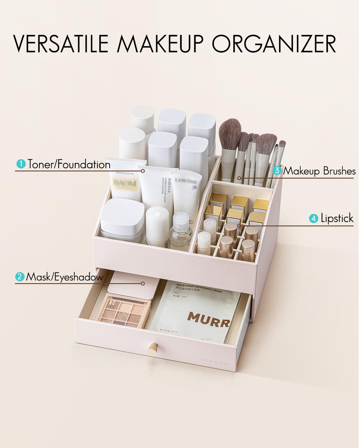 Vlando Organizer per trucchi con cassetti, organizer per cosmetici in pelle PU, organizer per profumi, grande espositore per rossetti, pennelli, regalo per donne, albicocca bianca