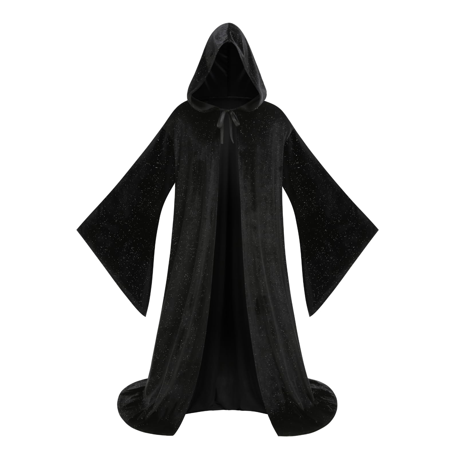 HAPNBCELE Wizard Robe Cloak with Hood Men Women, Renaissance Costume Medieval Velvet Cape Long Sleeve Halloween Dress Up (Black-New, 63 Inches/160cm)