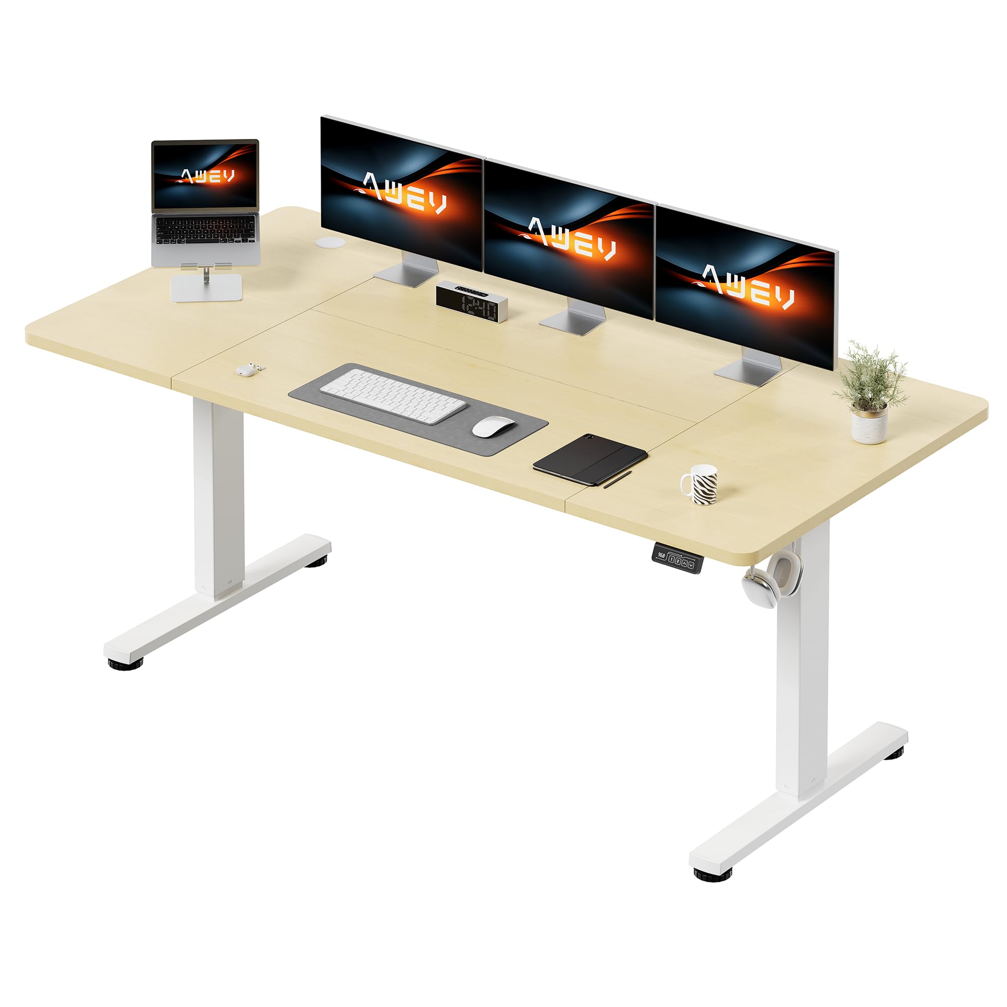 AWEV Electric Standing Desk 180 x 80 cm, Height Adjustable Sit Stand Desk with Backpack Hook & Memory Smart Pannel, Home Office Desk, Beige — image 1
