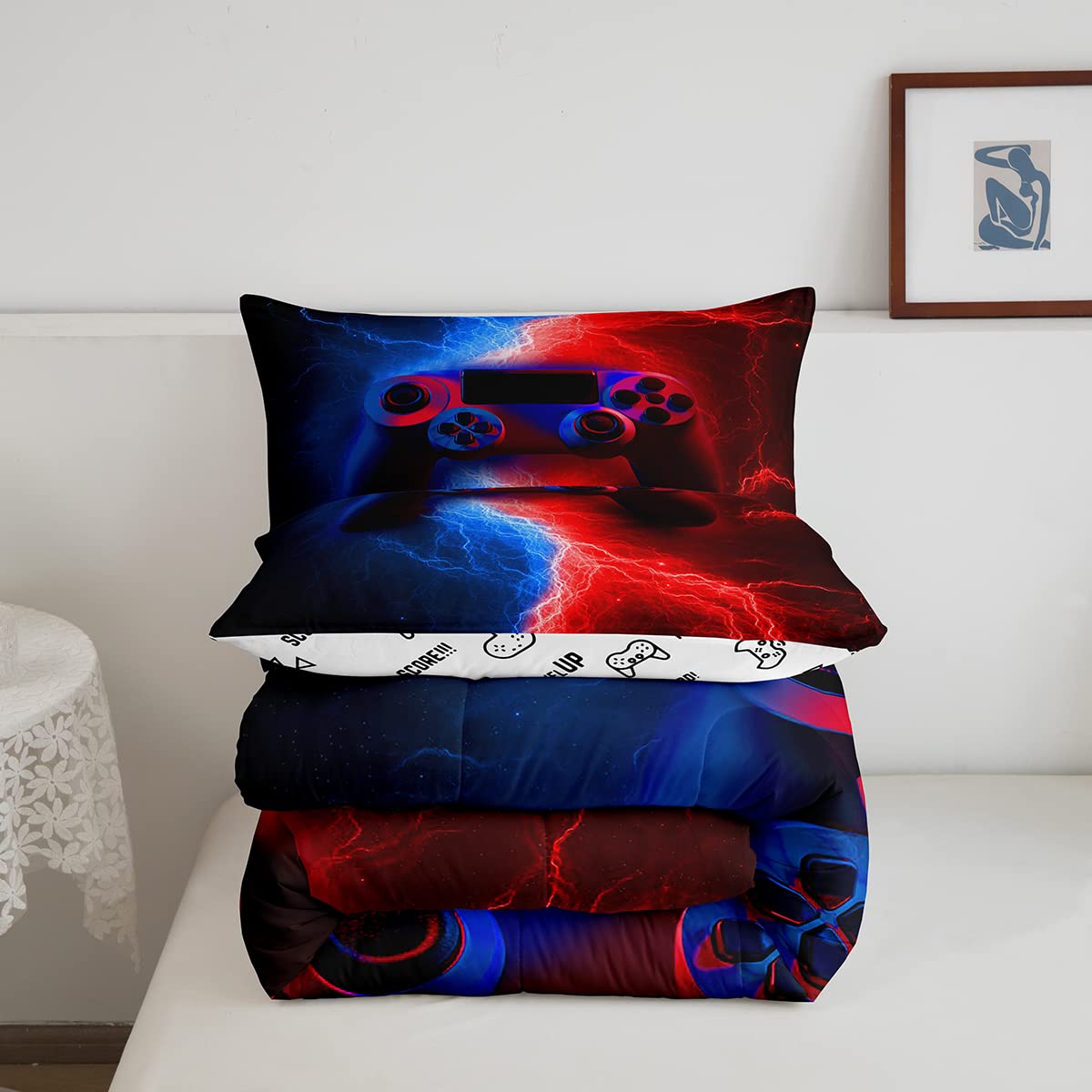 Erosebridal Boys Bedding Sets Queen,Gaming Comforter Sets for Boys Gamer Bedding Sets for Boys,Toddler Bedding Set Gaming Bed Kids Comforter Sets Boys,Red Blue