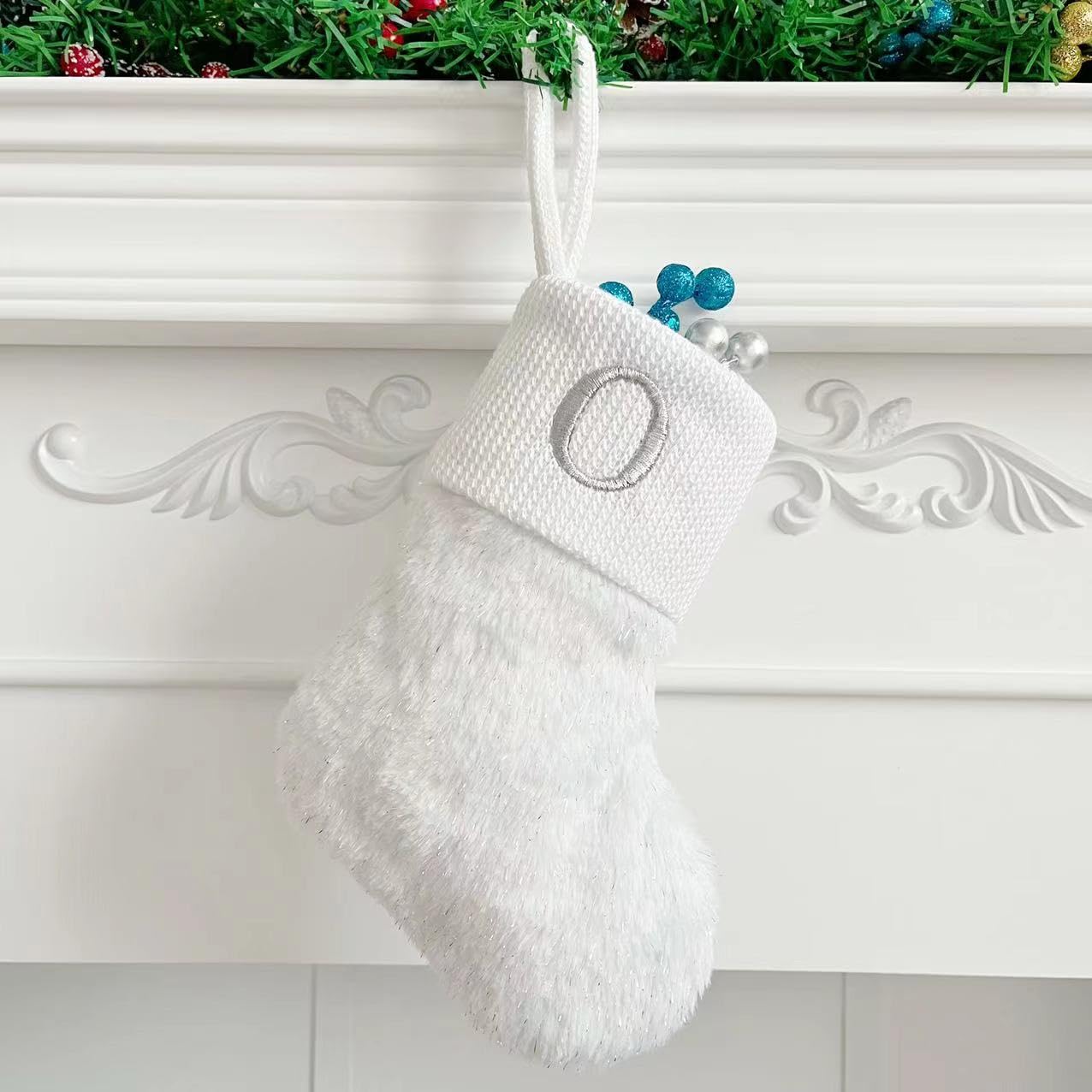 Initial Letter Christmas Stocking White Snowflake Knitted Christmas Tree Stockings Decorative Sock Hanging Ornament for Mantel Fireplace (White O, 10inch)
