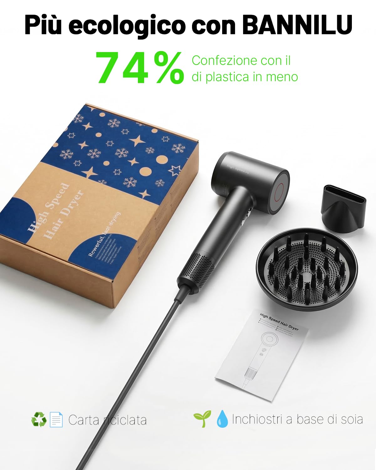 Phon Capelli Professionale, Asciugacapelli Ionico 160.000 RPM, Ultraleggero 370g e Silenzioso, Asciugatura Rapida Anticrespo, con Diffusore, Mini Phon da Viaggio e Idea Regalo Grigio
