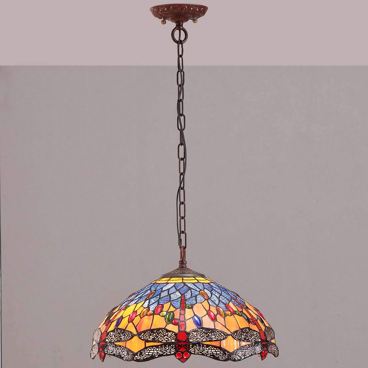 L10709 Dragonfly Tiffany Style - Lámpara colgante de techo con pantalla de diseño complejo de 16 pulgadas de ancho, color naranja y azul 3