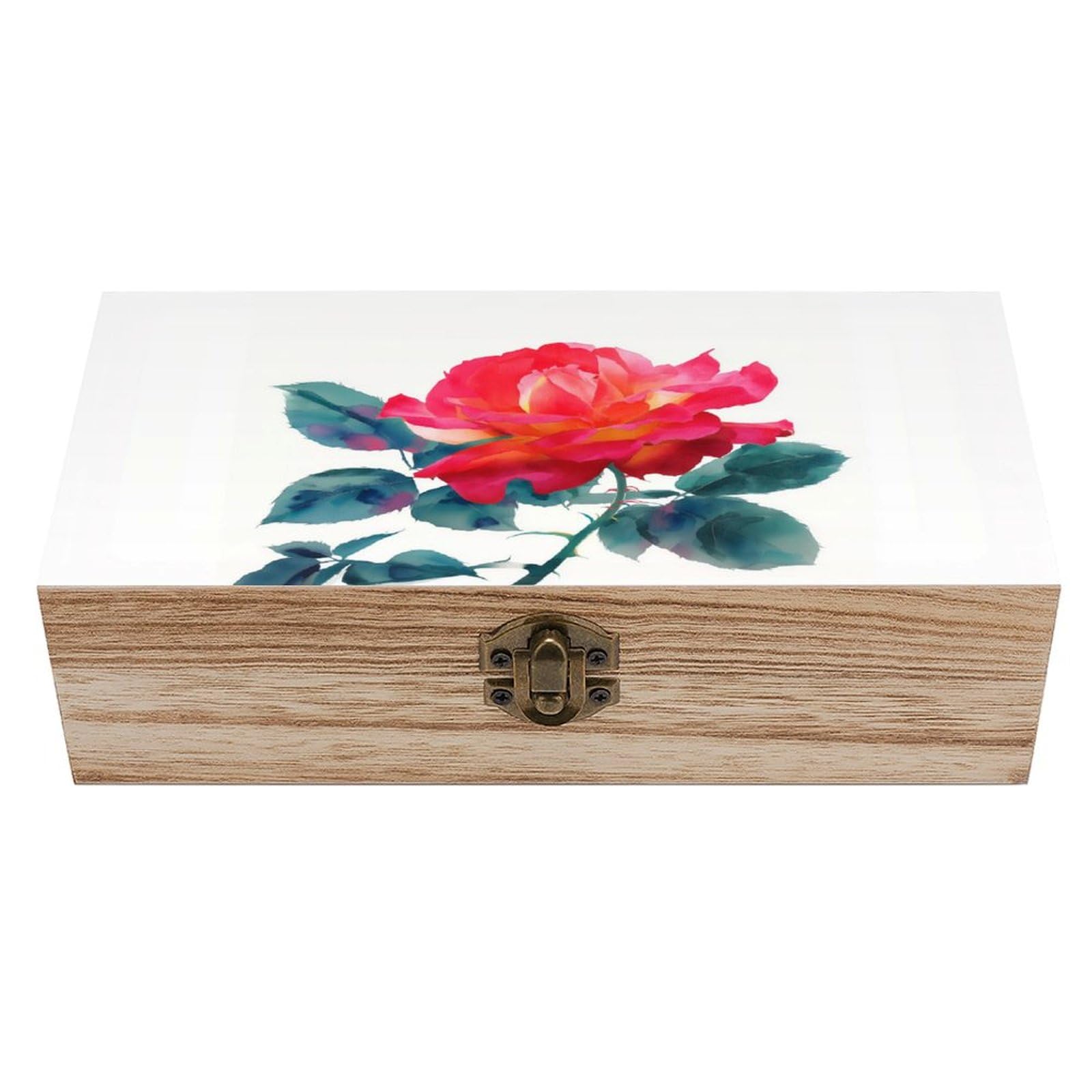 asbwuo Watercolor Flower Red Rose Wooden Storage Box with Hinged Lid