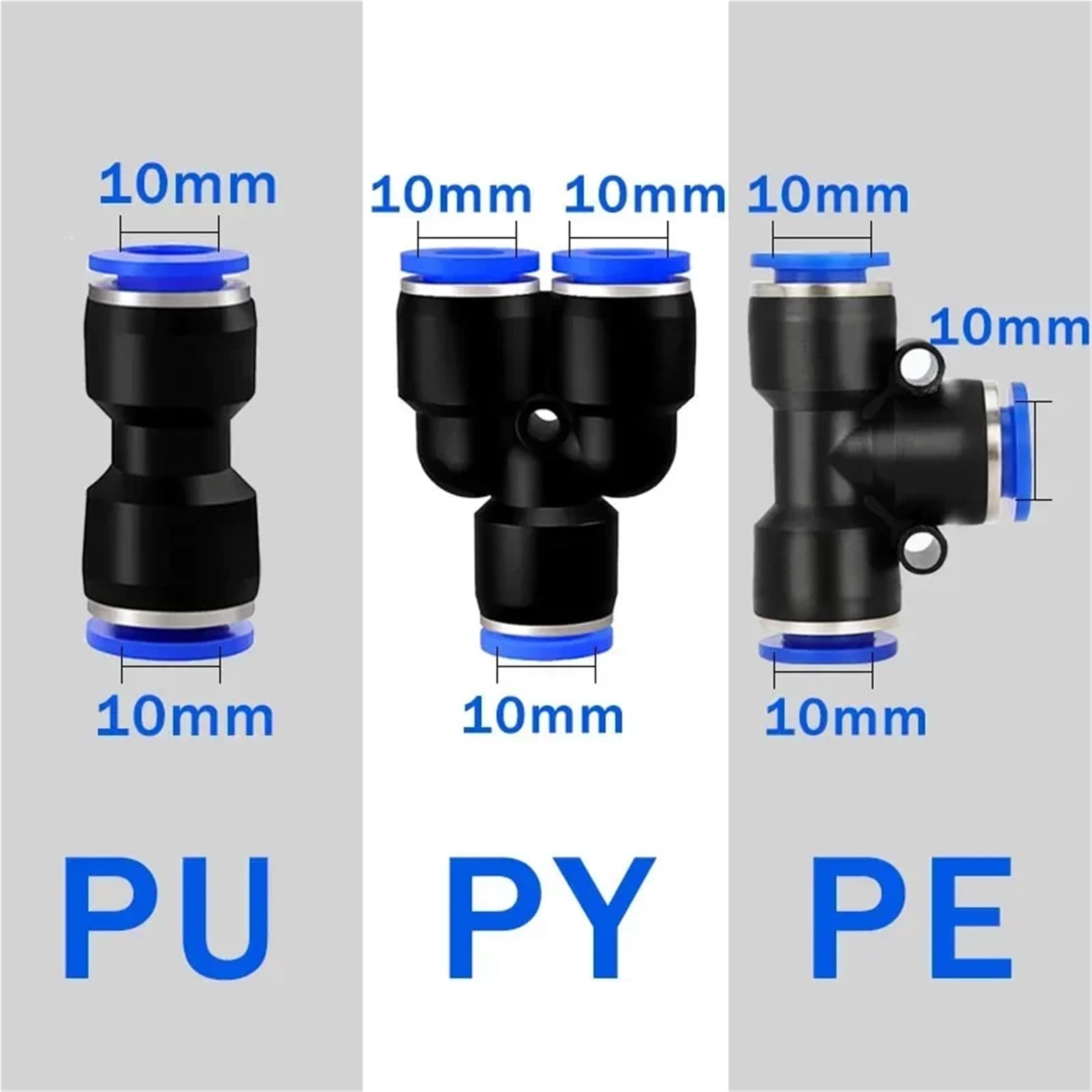 Conectores de montaje neumático de polietileno de conexión rápida en T de 3 vías, conector de tubo de manguera de plástico 4, 6, 8, 10, 12 mm, 100 unidades (100 unidades)