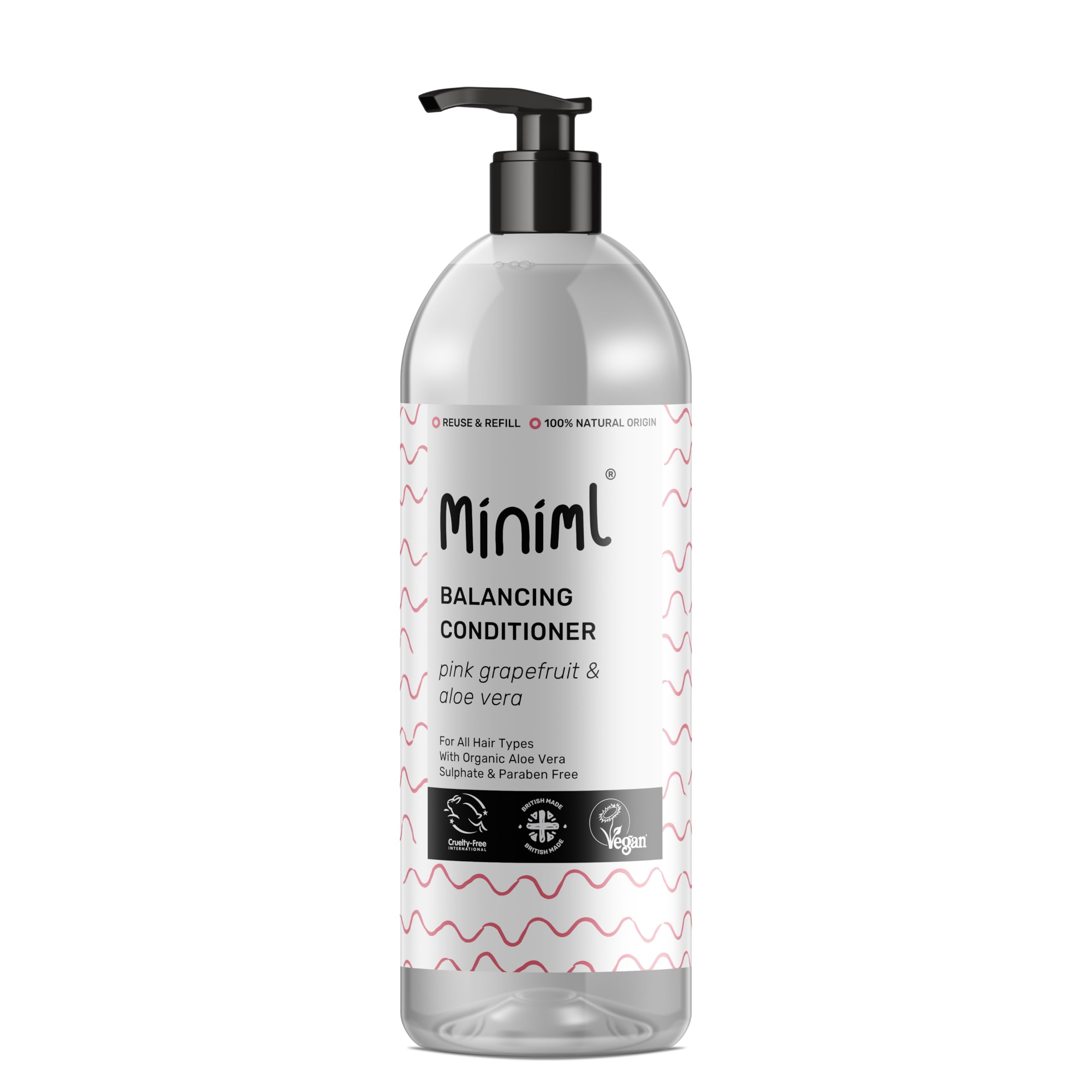 Miniml Natural Hair Conditioner Eco Friendly - 1L Bottle Pink Grapefruit and Aloe Vera Men and Womens Sensitive Scalp and Skin Cruelty Free Vegan Formula - For Greasy, Curly, Dry Hair
