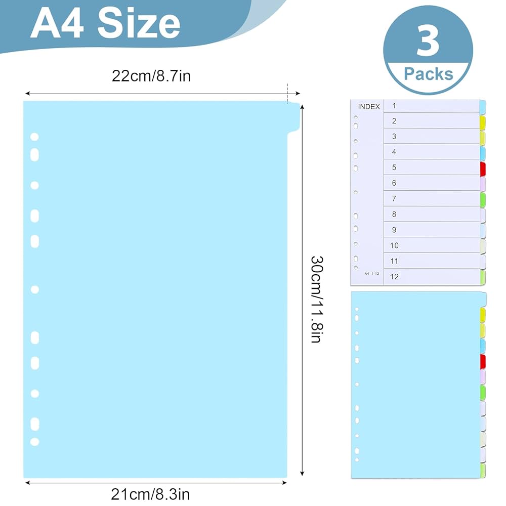 File Dividers A4, 3 Pack 12 Part Folder Dividers Coloured Multi Hole