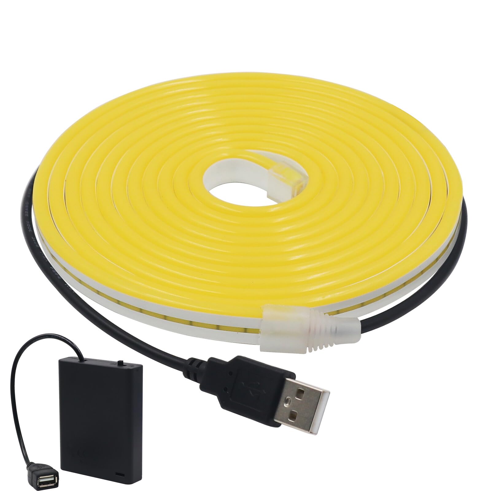 KAFULA 5V USB LED neon Strip with USB 4AA Battery Box [1M, Yellow], IP65 Waterproof and Flexible, 120 LEDs/m SMD2835 Silicone LED Strip CRI85+, Home Lighting Decoration [Battery not Included]