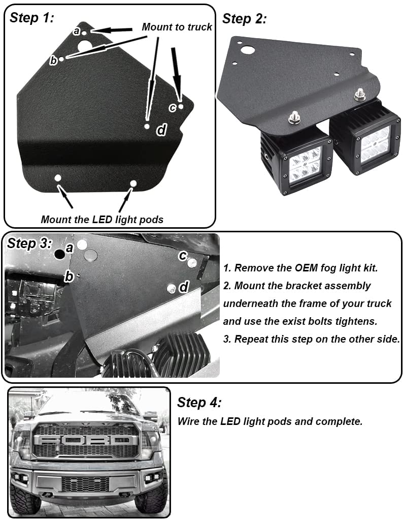 Amazon.com: Dasen Front Bumper Foglamp Light Mount Brackets & 4x LED Fog  Work Driving Lights Pods Compatible with Ford F150 SVT Raptor 2010-2014 1st  Generation w/Wiring Kit : Automotive