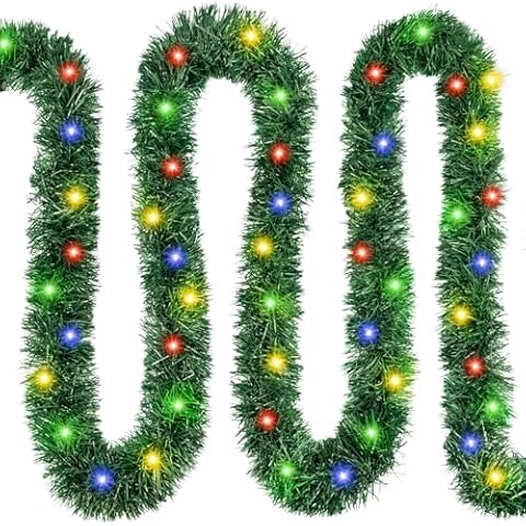 39.4FT Artificial Christmas Garland with Lights, 150 LED Tinsel Pine Lighted Garlands for Decoration Christmas Battery Operated Xmas Winter Prelit Garland for Home Mantle Door Stairs Party Decor Cover