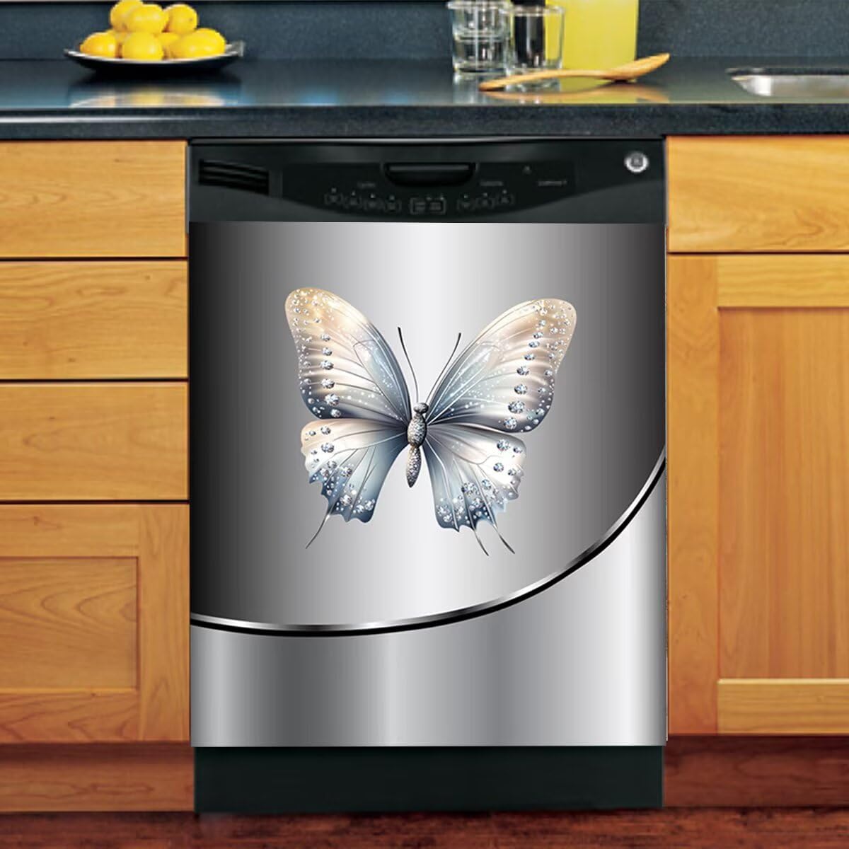 Stainless Steel Dishwasher Magnet Cover,Butterfly Dishwasher Cover Magnetic Kitchen Decorative Fridge Panel Decal,Refrigerator Magnets Appliances Decorate Sticker,23" x 26" Butterfly 23Wx26H inch