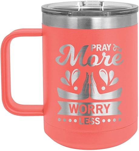 Pray More Worry Less Coral Taza de café de 15 oz con tapa deslizante | Taza de café de viaje aislada | Ideas de regalo únicas de mujeres u hombres |