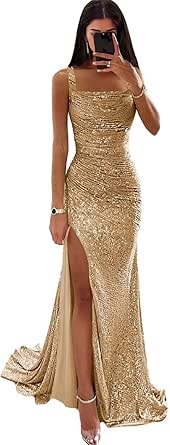 Sparkly Sequins Mermaid Prom Dress 2026 for Women with Slit and Square Neck