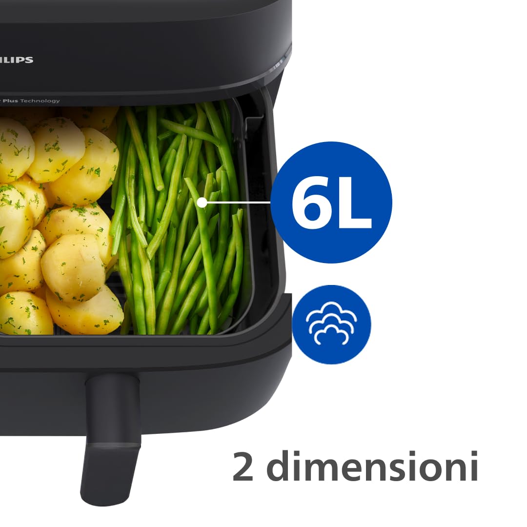 Philips Airfryer Serie 5000 doppio cestello con vapore-Frittura ad aria, cottura a vapore o combinata 19 metodi di cottura; Capacità 9L (3L + 6L), Tecnologia RapidAir Plus, Auto SteamClean (NA550/00)