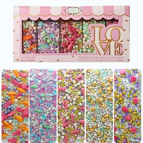 Confect Spring Sprinkles – 5-Pack | White, Pink & Sky Blue Star and Pearl Edible Sprinkles | Cake, Cupcake & Baking Decorations for Birthdays & Parties | Vegan, Gluten-Free, Nut-Free, Soy-Free- 140 Gms